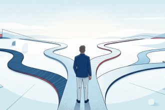 ilustracion de hombre frente a multiples caminos para representar las posibilidades actuales del desarrollo profesional que ya no se mide solo en ascensos o cambios de puestos