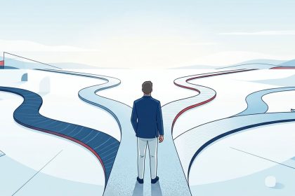 ilustracion de hombre frente a multiples caminos para representar las posibilidades actuales del desarrollo profesional que ya no se mide solo en ascensos o cambios de puestos