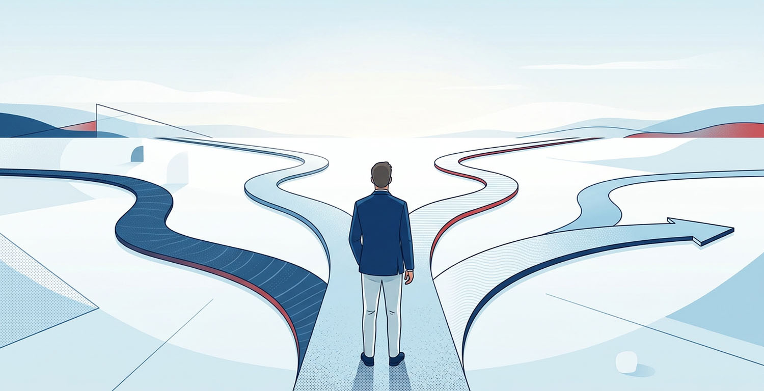 ilustracion de hombre frente a multiples caminos para representar las posibilidades actuales del desarrollo profesional que ya no se mide solo en ascensos o cambios de puestos