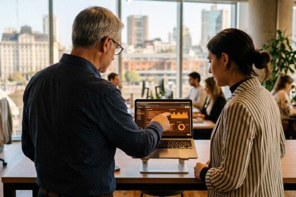 Profesional senior mostrándole gráficos en una pantalla a un joven profesional en la oficina para representar las oportunidades para el primer empleo en la era de la IA.