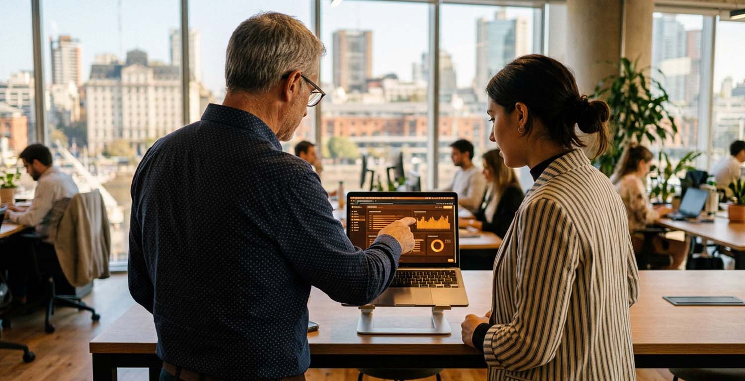 Profesional senior mostrándole gráficos en una pantalla a un joven profesional en la oficina para representar las oportunidades para el primer empleo en la era de la IA.