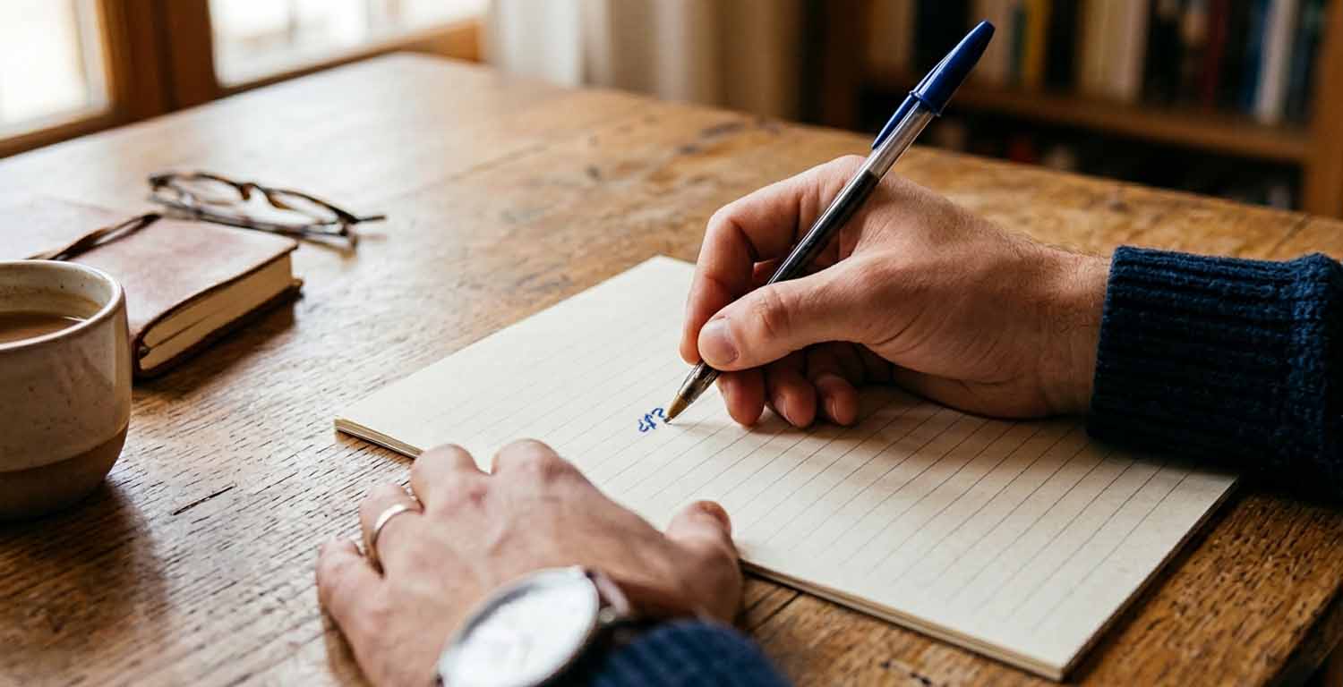 Primer plano de manos de un hombre escribiendo en un anotador, se lee un signo pesos entre signos de pregunta, para representar la duda al establecer una remuneracion pretendida